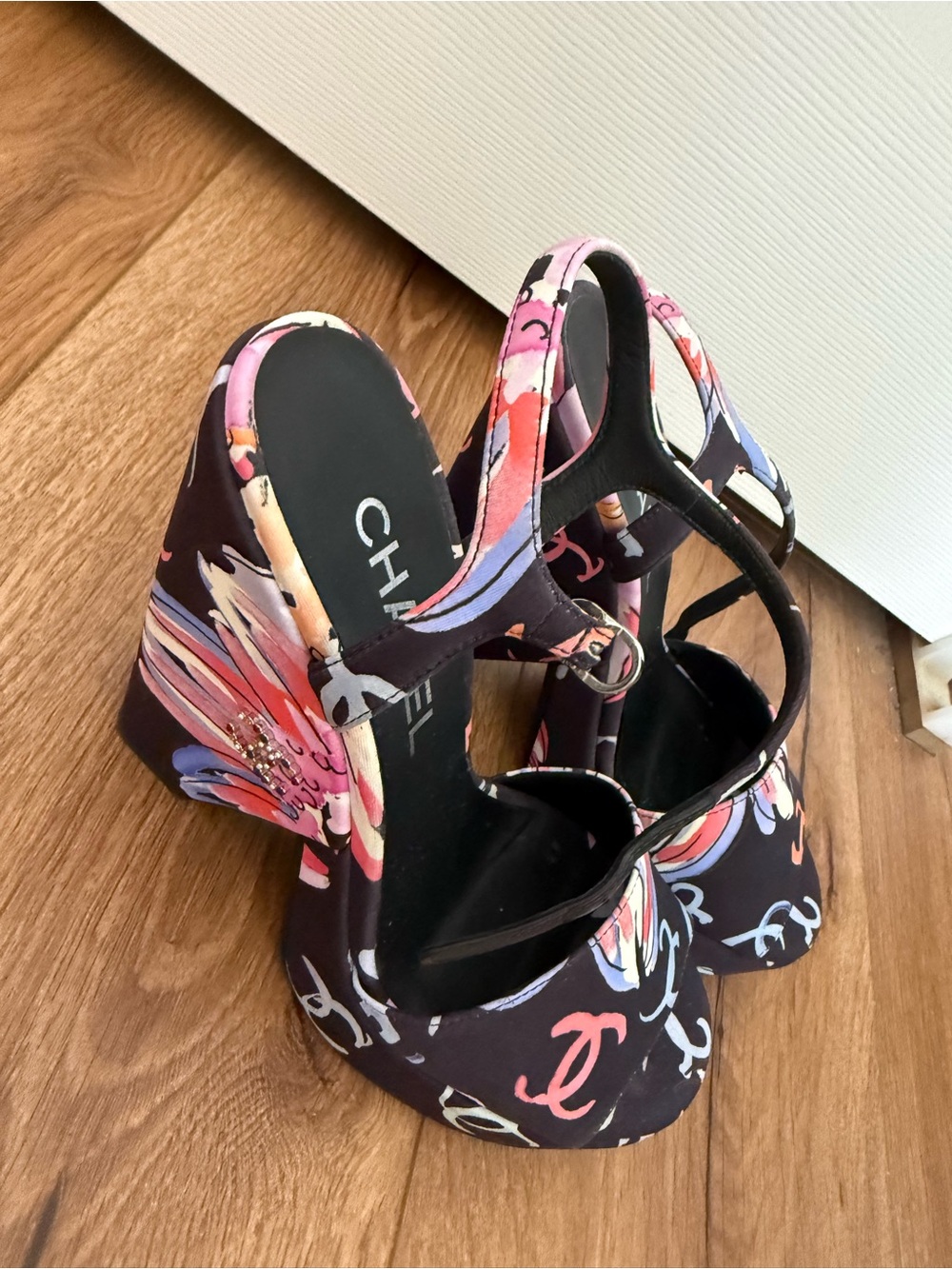 CHANEL Floral Platform Wedge Sandals — Black with Pink & Multicolor Accents